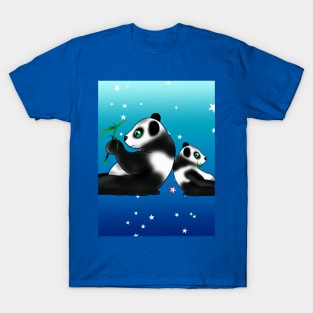 Two pandas eating bamboo on a blue background with stars T-Shirt